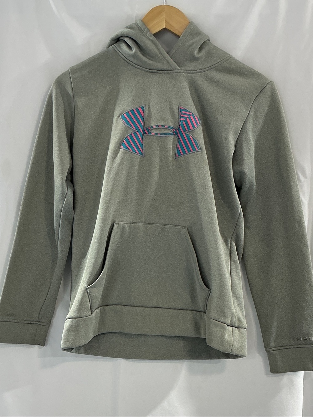 Under Armour Olive Hooded Pullover with Pink & Blue Striped Logo